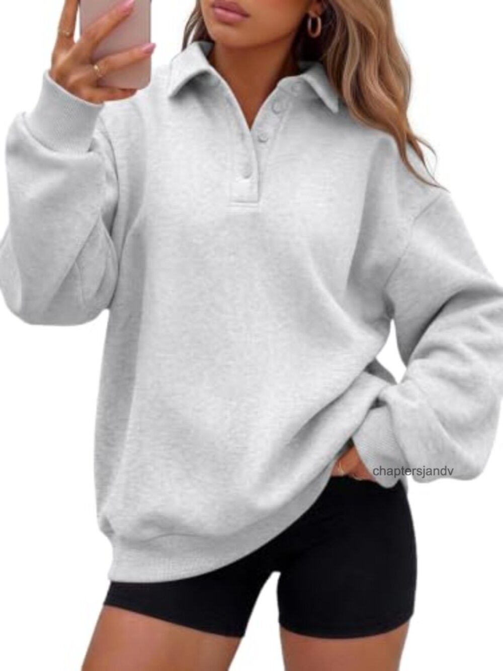Oversized Fleece Sweatshirt Polo Collar Quarter Button Pullover Women
